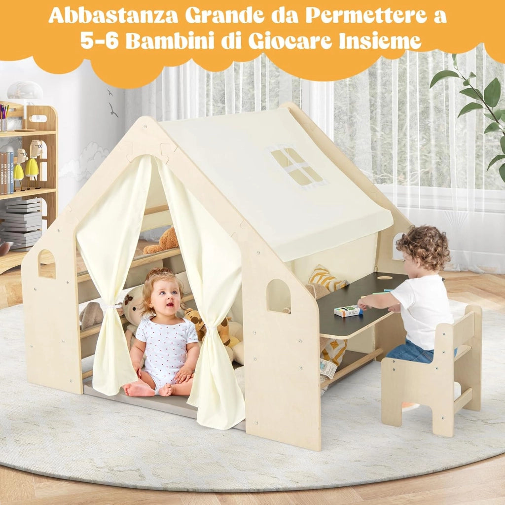 6 in 1 Tenda per Bambini in Legno, Tenda Casetta da Gioco con Tavolo e Sedia, con Tappetino Lavagna e 6 Scatole Portaghiochi, Capanna per Bambini (Beige 98 x 145 x 113 cm)