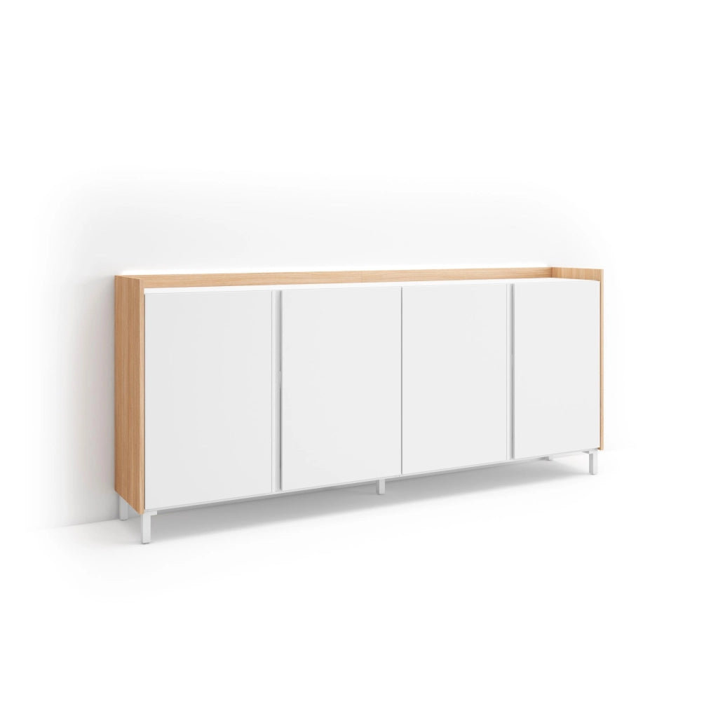 Credenza, Mobile, Cucina, 207x91x35 cm, 4 Porte, Design industriale, LED, Bianco e Rovere soft