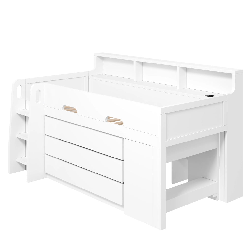 Letto a soppalco basso 90 × 200 cm con 3 cassetti, scrivania mobile, ripiani e LED, senza materasso, bianco