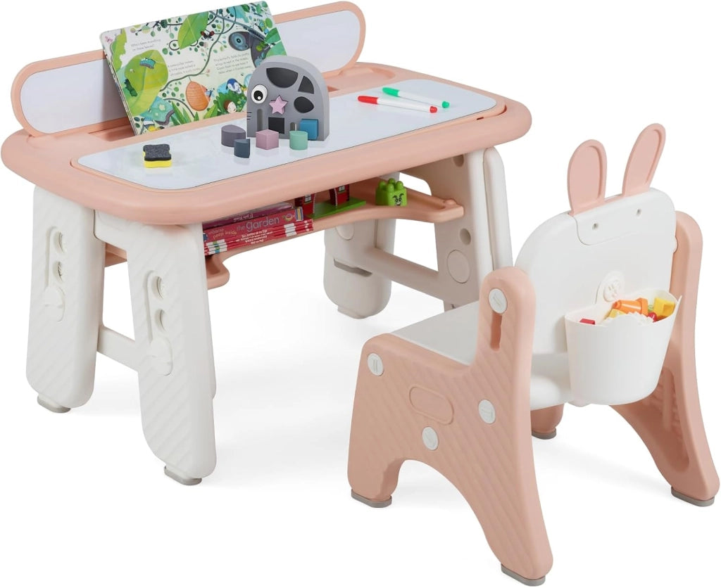 Set Tavolo e Sedia per Bambini, Tavolo e Sedia per Bambini con Mensola Ribaltabile, Lavagna Magnetica Cancellabile, Altezza Regolabile, per Camera da Letto, Sala, Giochi per Ragazzi (Rosa)