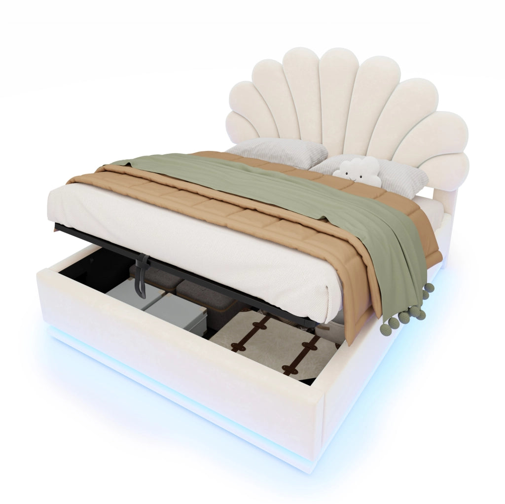 Letto imbottito beige 140 x 200 cm con vano contenitore e luci LED