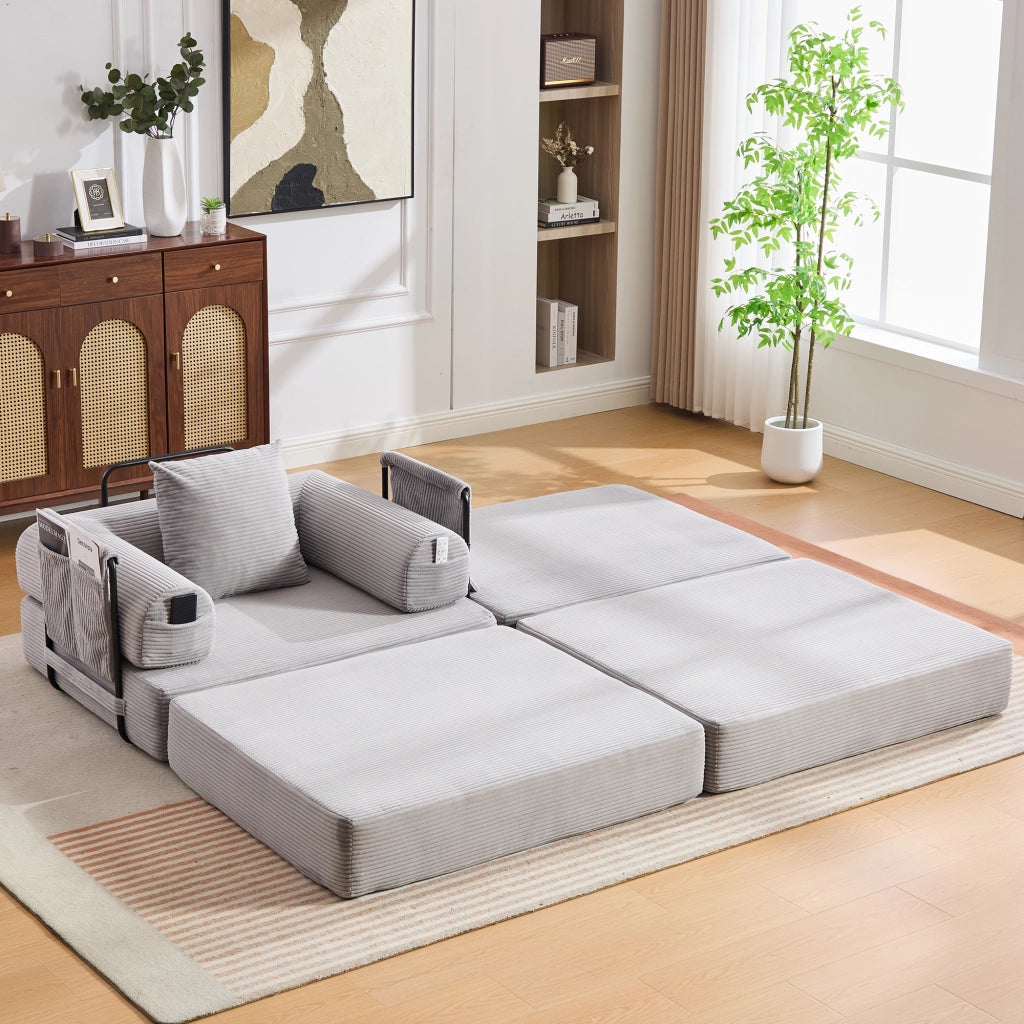 Divano modulare con cuscino e tasca laterale, design ergonomico per soggiorno, in velluto a coste grigio chiaro