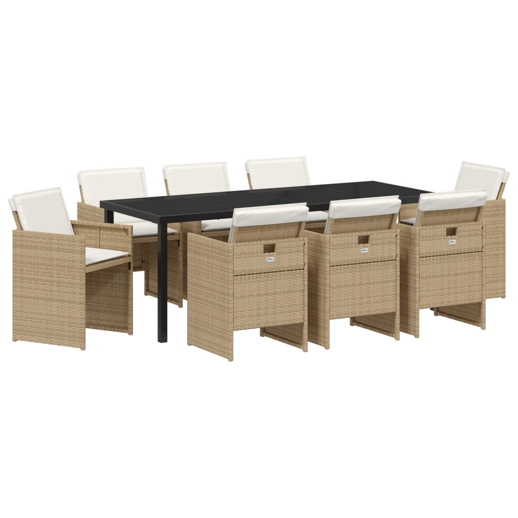 Set da Pranzo da Giardino 9 Pezzi con Cuscini Beige Rattan Poliestere