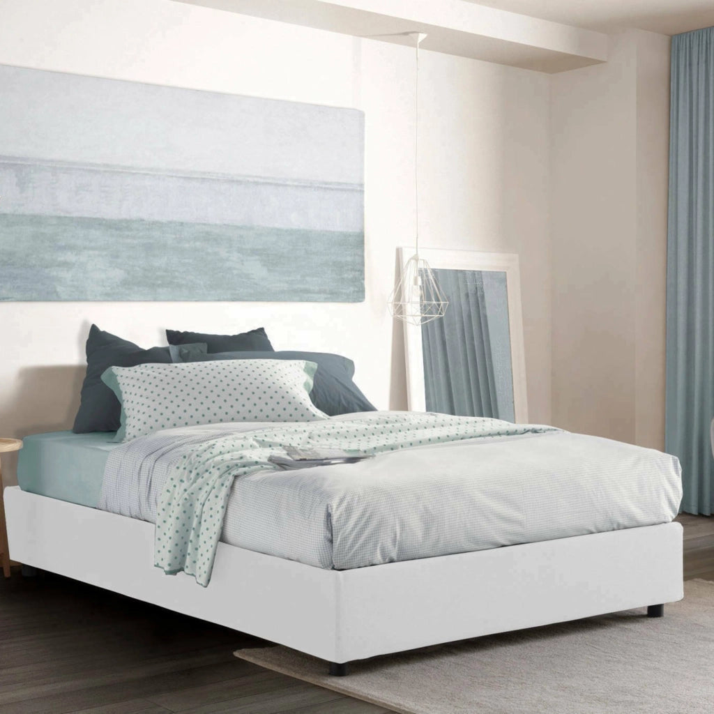 Letto matrimoniale Arto, Letto contenitore con rivestimento in tessuto, Made in Italy, Apertura frontale, con materasso cm 140x190 incluso, Bianco