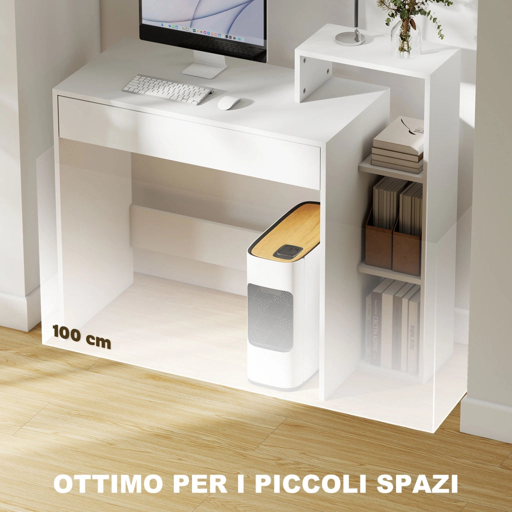 Scrivania PC Moderna con 3 Ripiani Aperti e Cassetto, in Legno Bianco, 100x40x90 cm