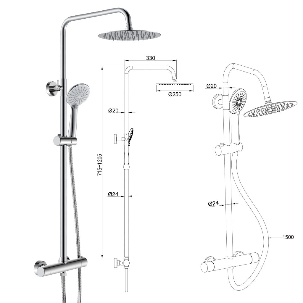 AICA ITALY Sistema Doccia con Miscelatore Termostatico a 38℃ e Soffione Rotondo da 25cm Altezza Regolabile 72-120cm Cromo