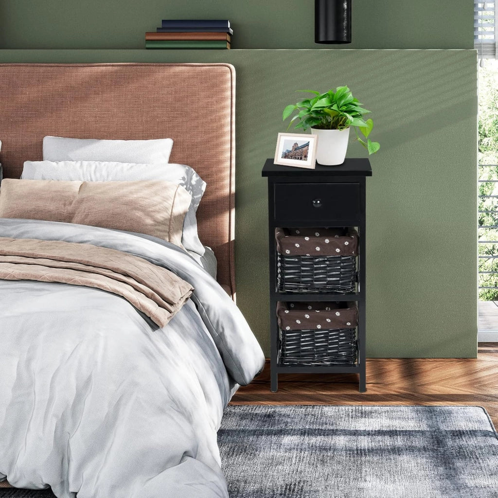 Set di 2 comodini, comodino, comodino con cassetto e 2 cestini, cassettiera antica, in legno massiccio, per camera da letto (nero, set da 2)