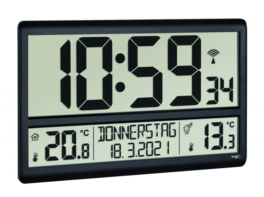 TFA 60.4521.01 Orologio da Parete Radiocontrollato con Display XL Temperatura Interna e Esterna Giorno della Settimana in 8 Lingue colore Nero