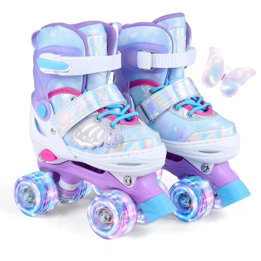 Pattini a rotelle per bambina con diversi strati protettivi e 4 ruote luminose con freno, Pattini a rotelle regolabili in 4 taglie Blu S