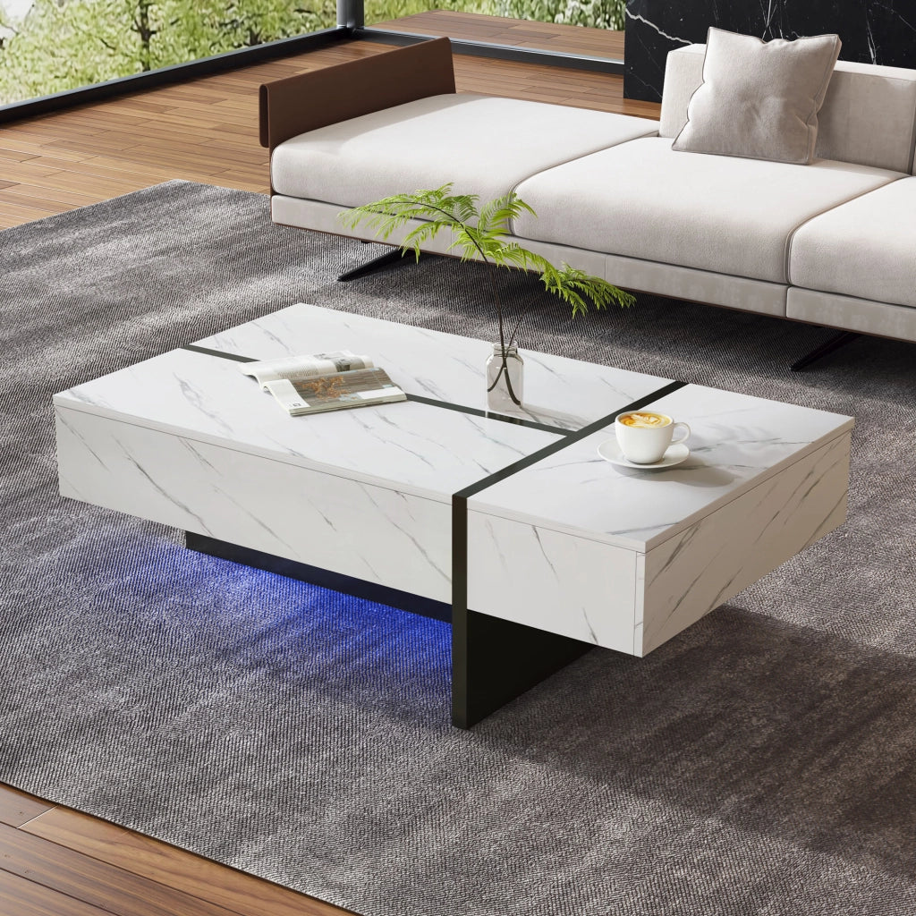 Tavolino da caffè 105x60x35 cm; 3 cassetti con LED controllati da app; pannello truciolare bianco