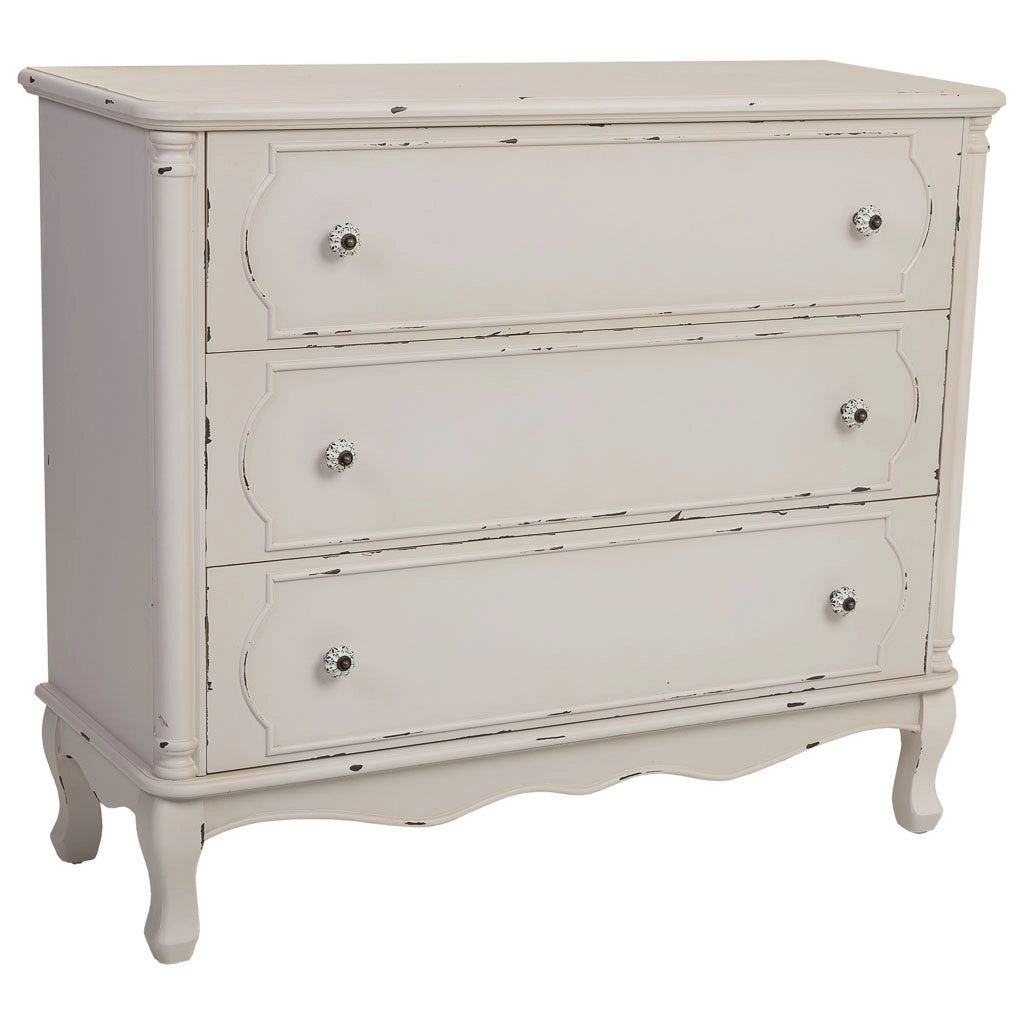 Comò in legno bianco invecchiato con 3 cassetti 100x38x86,5h cm