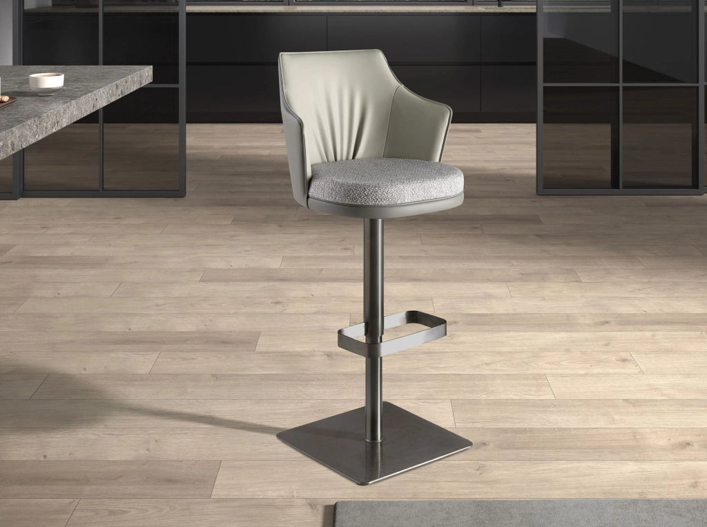 Sgabello girevole in tessuto grigio screziato e similpelle grigio scuro