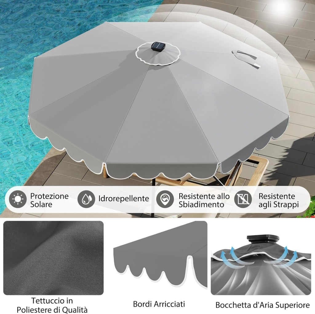 Ombrellone da Giardino 300 cm, con 24 Luci LED Solari, Inclinazione Regolabile, Manovella, 8 Stecche, Anti-UV, Top Ventilato, Idrorepellente, Giardino Piscina Patio (Grigio)