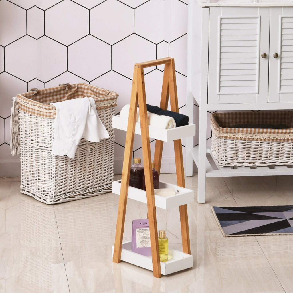 Etagere da Bagno in Bamb¨´ e Legno con 3 Cestini ¨C Zephmum ¨C 30x18x81 cm Bianco