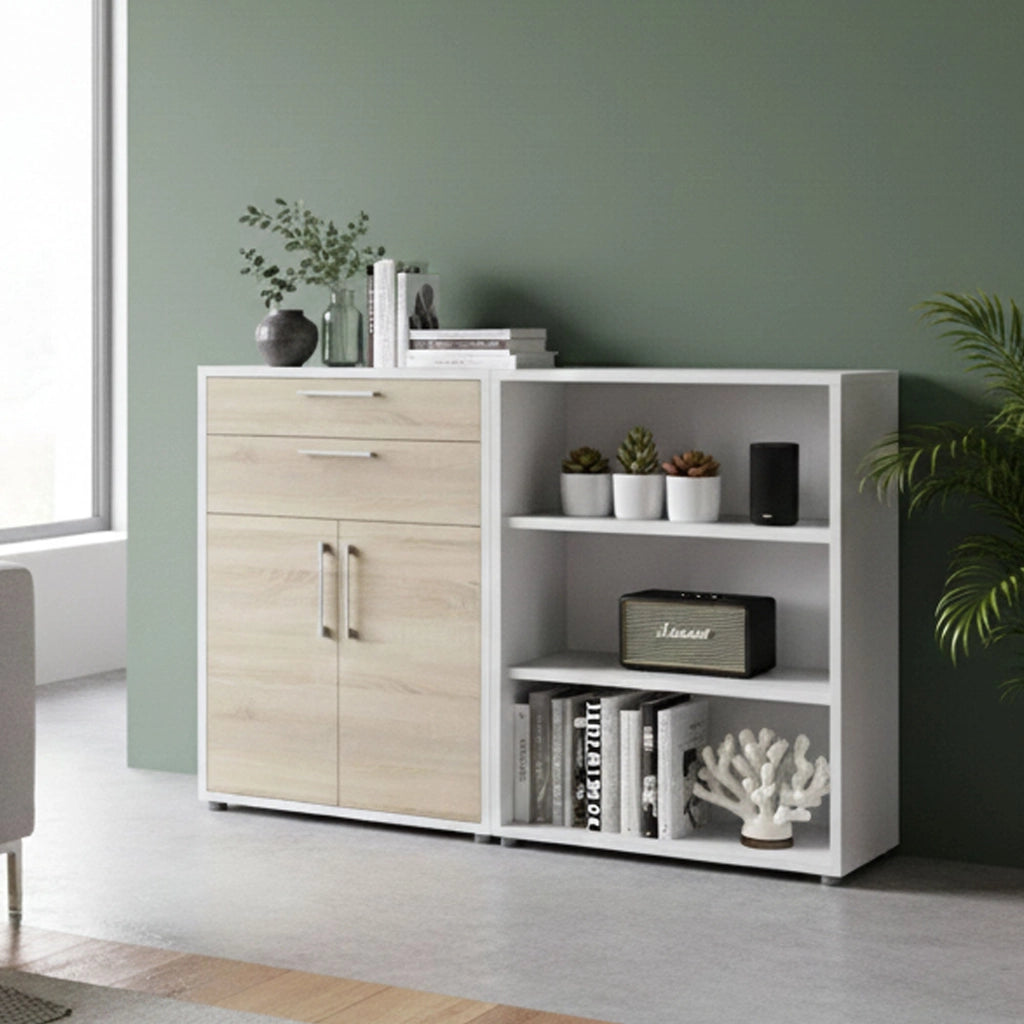 Credenza Albinea, Buffet da soggiorno, Madia da salotto, Dispensa da cucina, 178x40 h113 cm, Bianco e Quercia