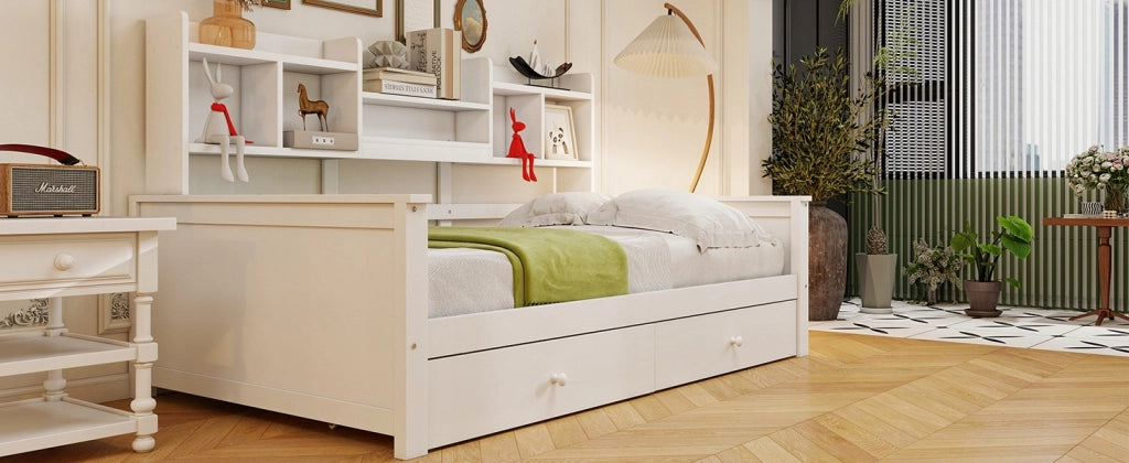 Letto singolo 90x200 bianco con cassetti e scaffale - Xylo