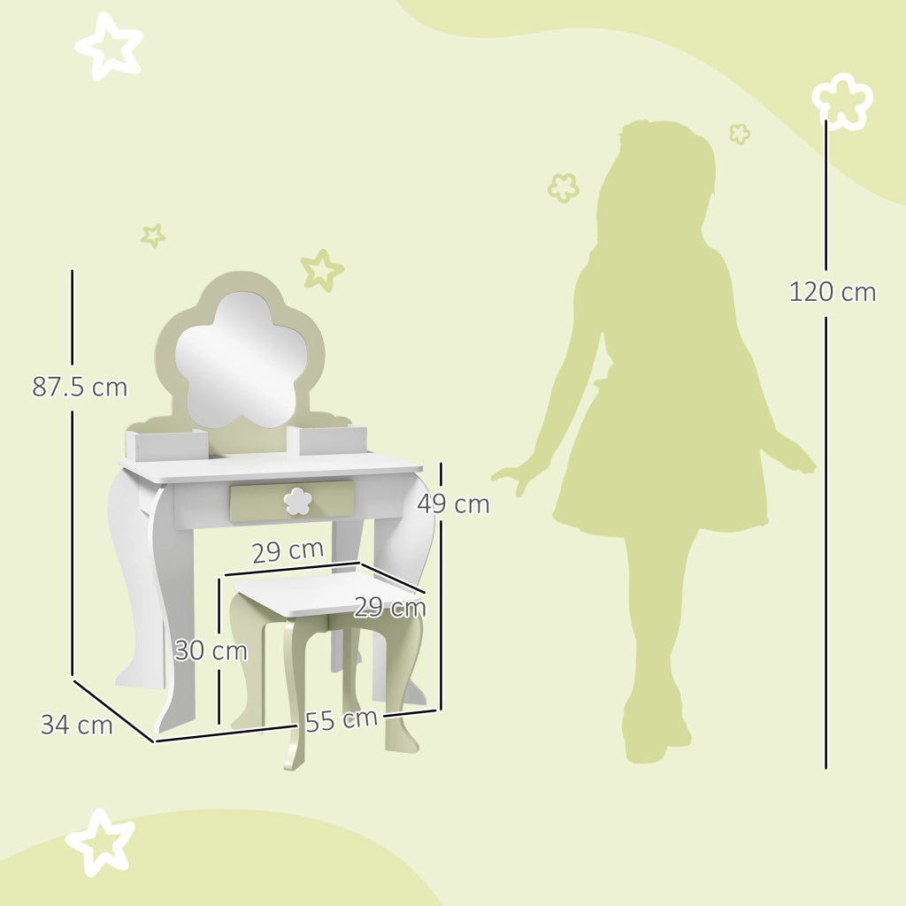 Set Toeletta per Bambina con Specchio Trucco e Sgabello Abbinato in Legno, Cassetto e Contenitori, Bianco