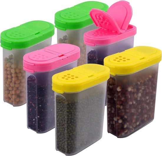 6 scatole di riserva, contenitori di 250 ml per lo stocaggio di spezie, contenitori di spezie, scatole di riserva per la cucina (giallo, rosa, verde, 3 colori) con cassetta di spolvero pratica e contenitori di spezie.