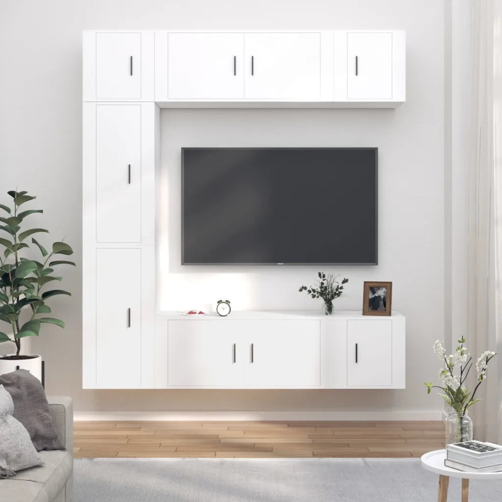 Set di Mobili Porta TV 7 pz-Set di 7 Credenza per TV Bianco in Legno Multistrato 846265