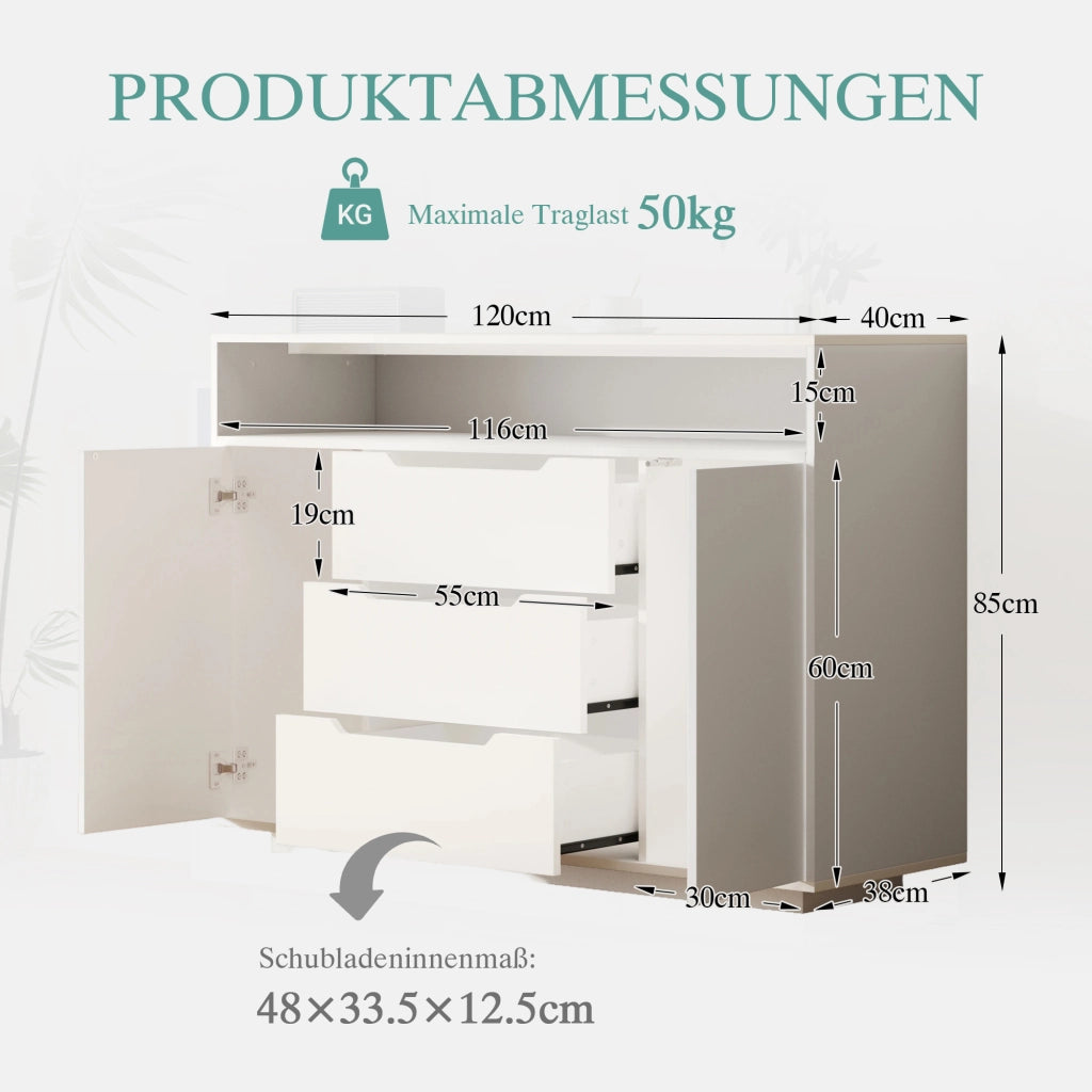 Credenza moderna bianca con ripiani aperti, 3 cassetti e vani con ante, con luce LED integrata
