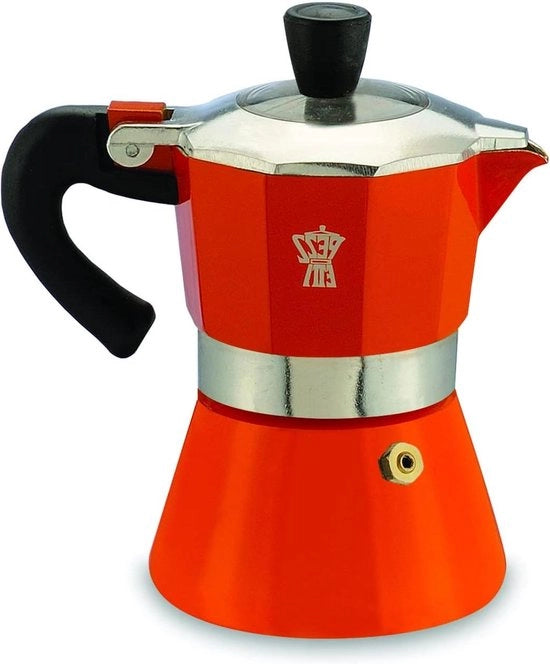 Macchina per caffè espresso con coperchio trasparente in alluminio alimentare - sigillazione con silicone - impugnatura termoresistente - funzione elettrica e ceramica a vetro - colore arancione