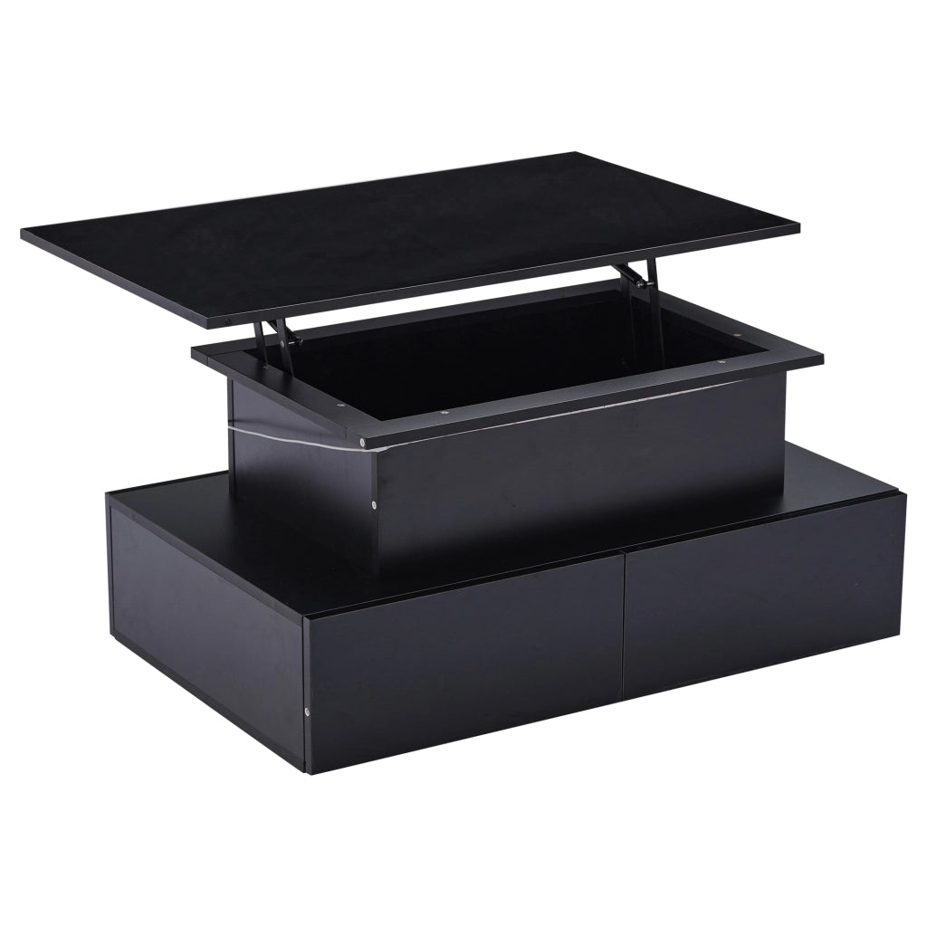 Tavolino da Salotto con 4 Cassetti e LED USB; Piano Superiore Scorrevole Estraibile; Nero Lucido Moderno; in Pannello di Truciolare; 90×55×41 cm; Nero
