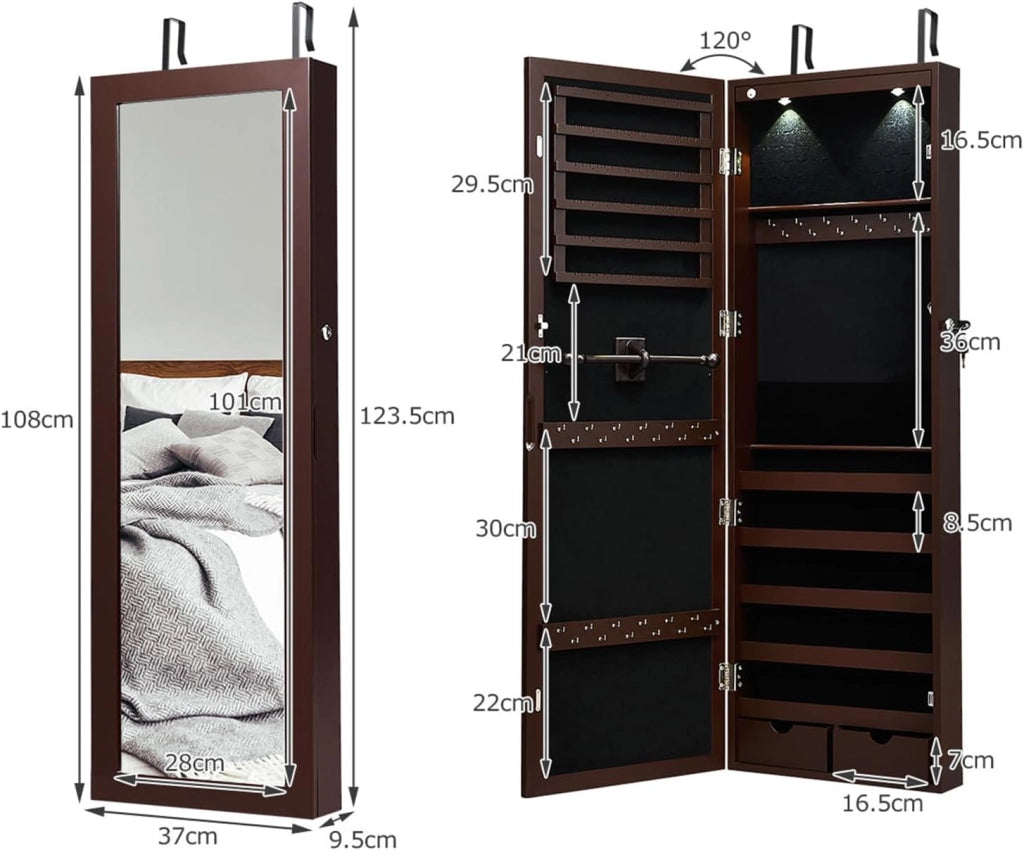 Armadio per Gioielli con 2 luci LED, con Specchio a Figura, Organizer Montato al Muro con Ganci Regolabili per Appendere, Armadio Portagioie per Truccarsi (Marrone)