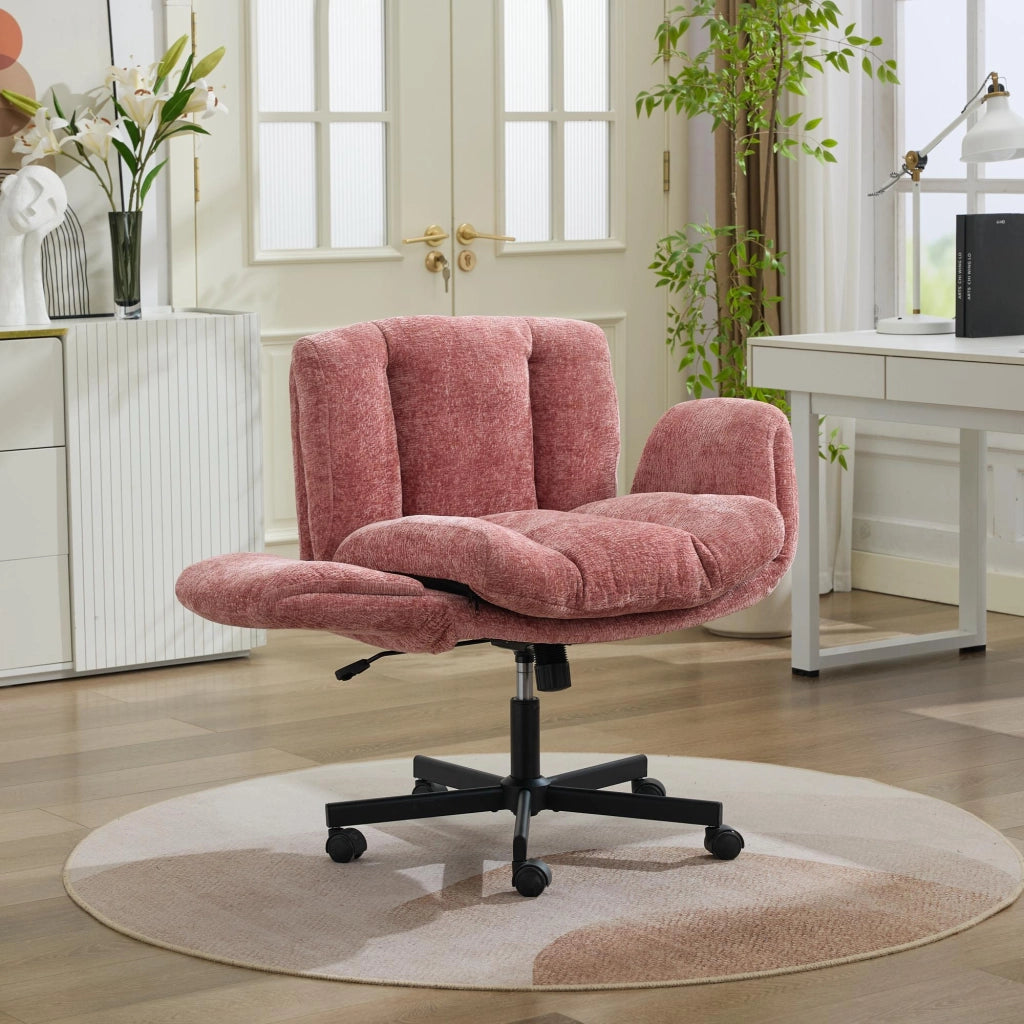Sedia da ufficio girevole, tessuto chenille, braccioli regolabili, schienale imbottito, rosa intenso