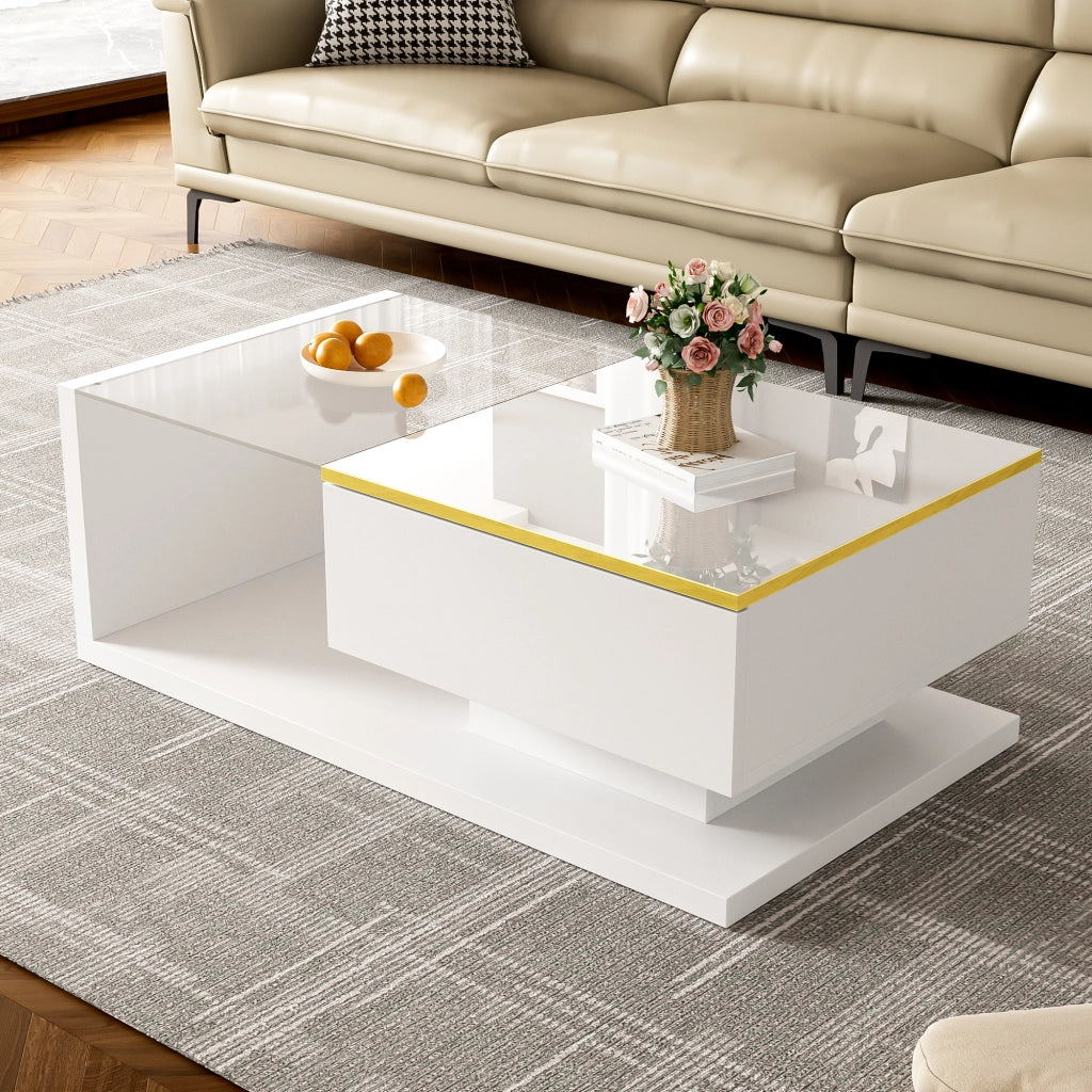 OKWISH Tavolino da Caffè Rettangolare Moderno con Vano e Ripiani Aperti, LED, 90 × 50 × 32.5 cm, Bianco