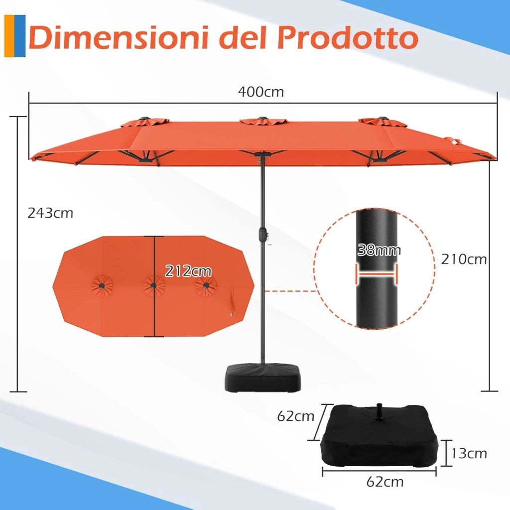 Ombrelloneda Giardino Doppio 400 x 200 cm, Ombrellone Rettangolare con Base, Anti-UV, con Manovella e 12 Stecche, per Giardino Piscina Patio (Arancione)