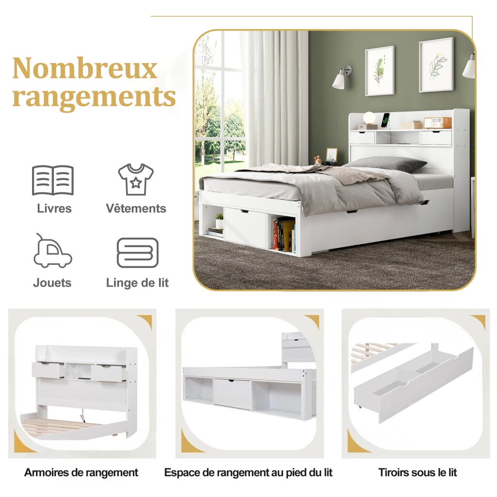 Letto singolo 90x190 cm per bambini e ragazzi con porta USB; cassetto e ampio vano portaoggetti; bianco