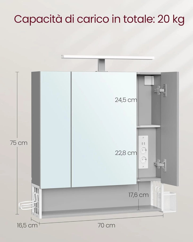 VASAGLE Mobile da Bagno con Illuminazione a LED, 16,5 x 70 x 75 cm, Multipresa Cestino Appeso Supporto per Asciugacapelli per Bagno Lavabo, Bianco Nuvola e Grigio Tortora BBK126G01