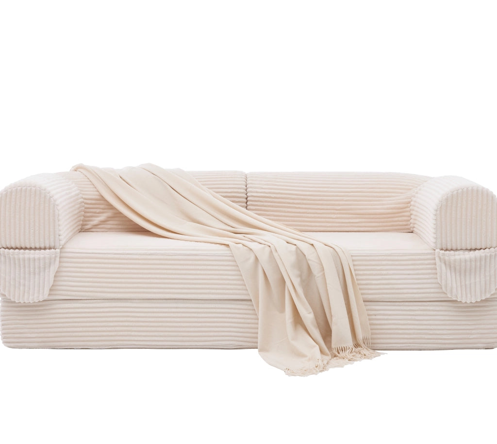 Divano letto 2 posti convertibile in stile futon, in tessuto a coste beige, salvaspazio per soggiorno e ospiti