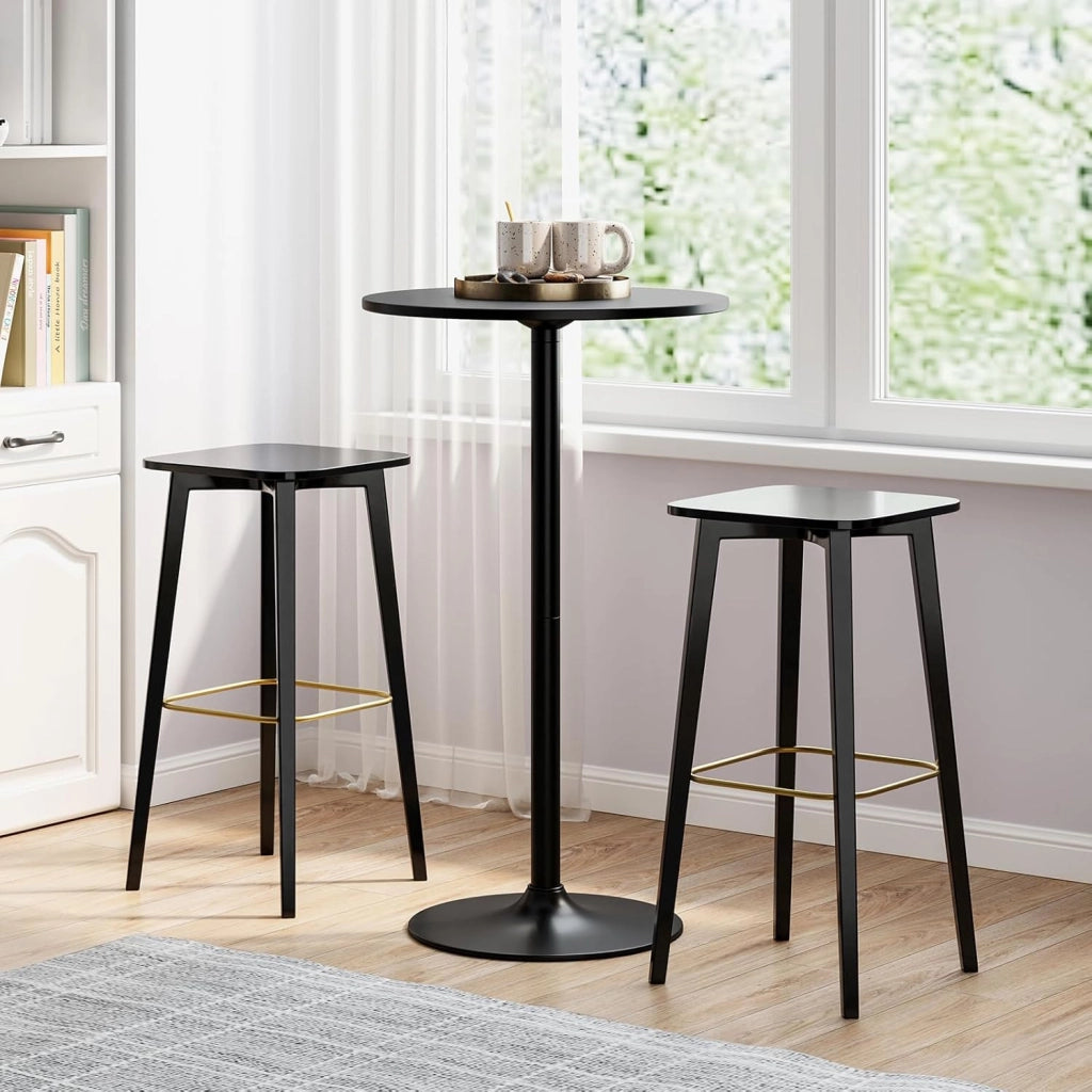 Tavolo da Bar Rotondo Ø60 Regolabile in Altezza (56 cm/ 101,5 cm), Tavolo da Caffè Alto in Legno e Metallo, Tavolino Bistrot Moderno con Base Rotondo per Cucina e Sala Pranzo (Nero,2)