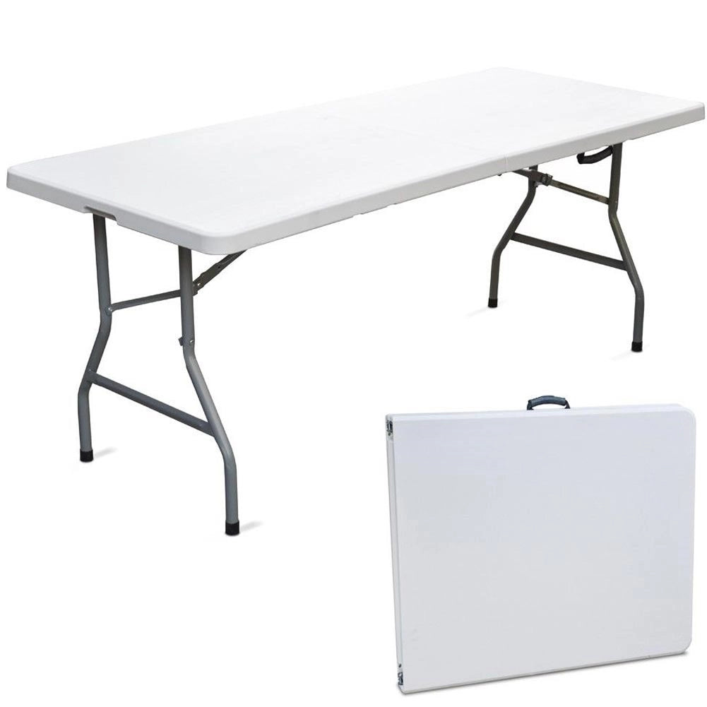 Tavolo Pieghevole in Resina HDPE 180x70 H74cm Richiudibile Salvaspazio Bianco