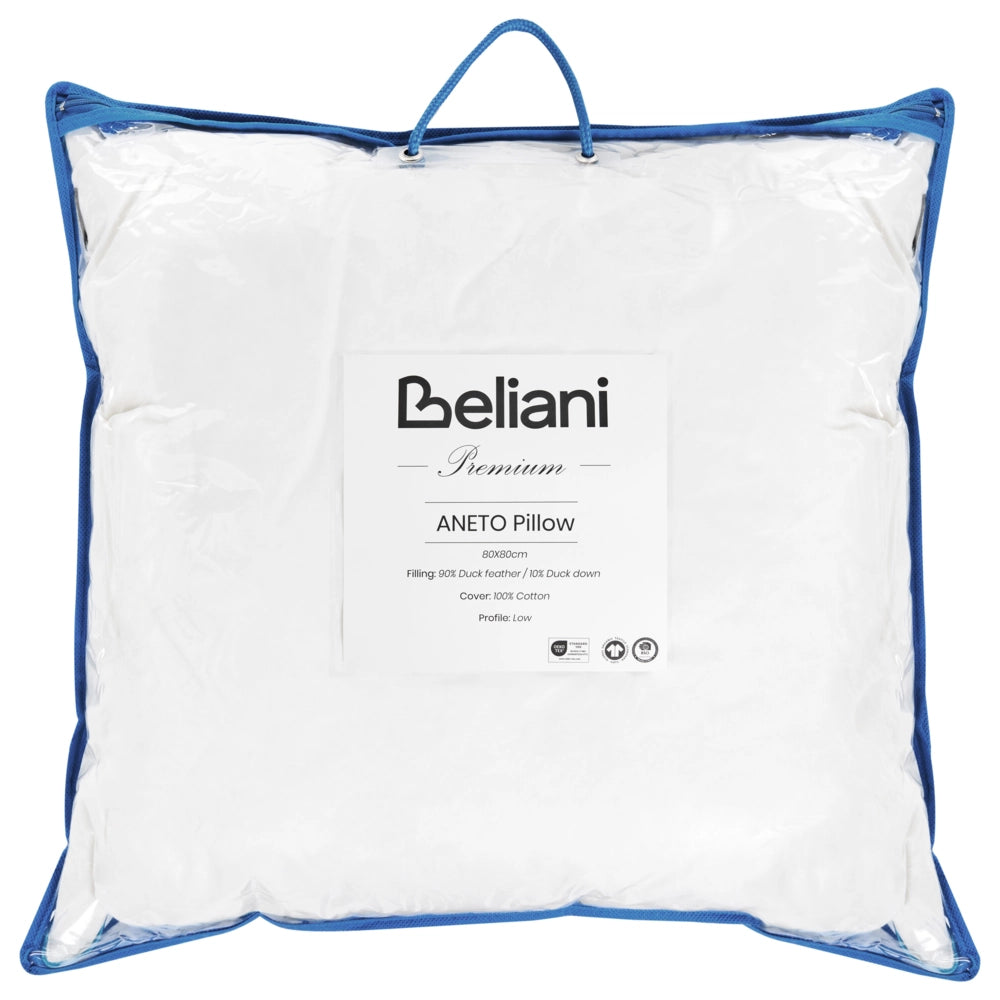 Cuscino basso da letto Rivestimento in cotone premium Imbottitura in piuma e piumino Bianco 80 x 80 cm premium