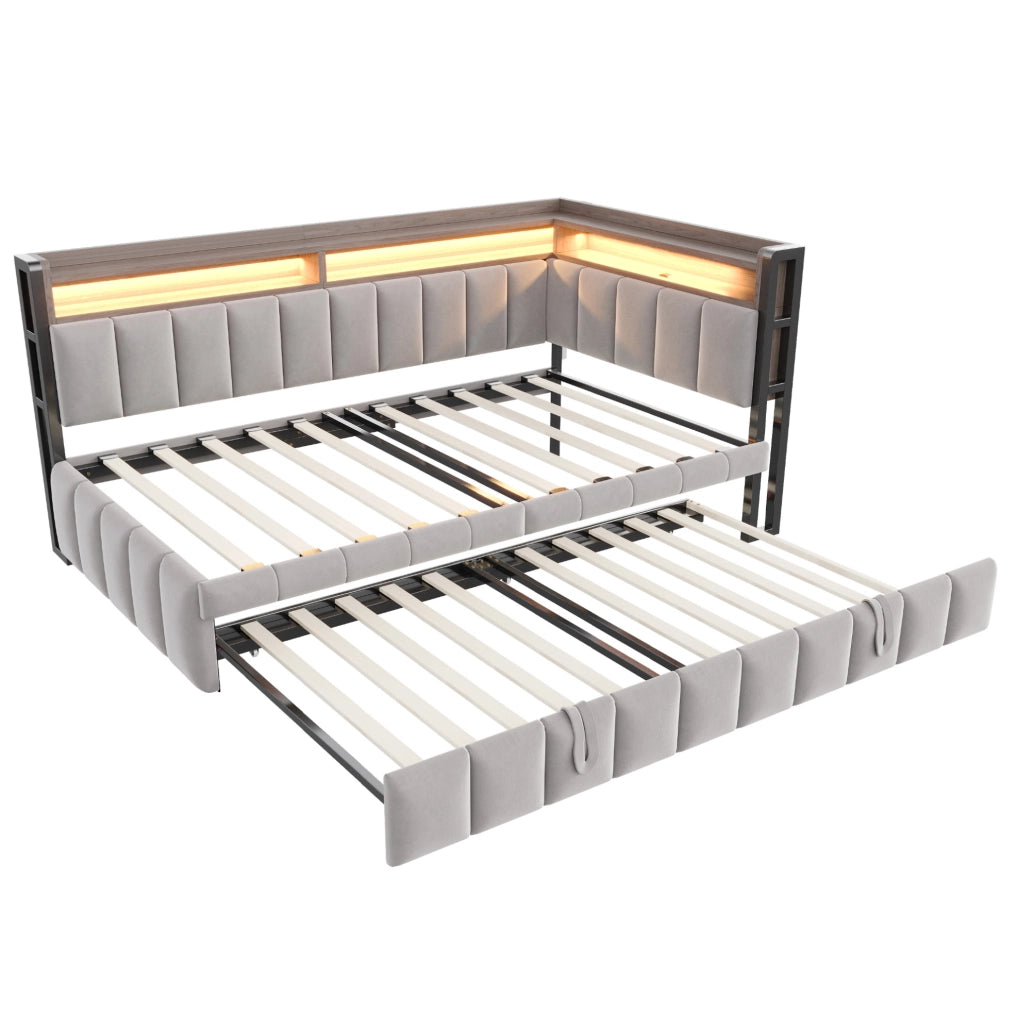 Divano letto estraibile 90x200 cm in velluto grigio chiaro con LED e USB-C