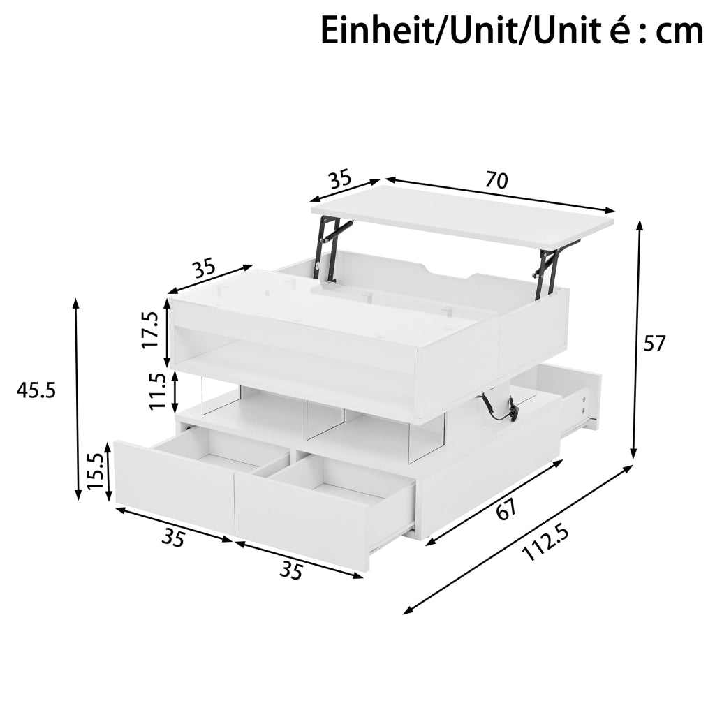 Tavolino da Salotto Alzabile con 2 Cassetti e Vani e LED 16 Colori; Piano in Vetro; in Pannello Truciolare; 70×67×57 cm; Bianco