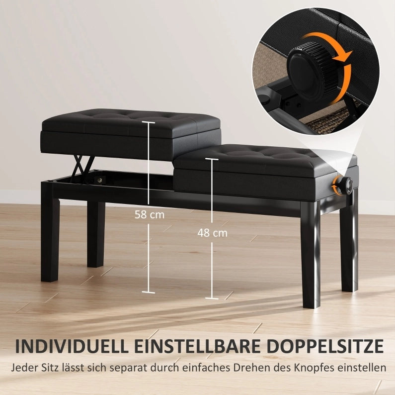 Sgabello da Piano con Contenitore 105x37x48-58 cm， Similpelle Nera