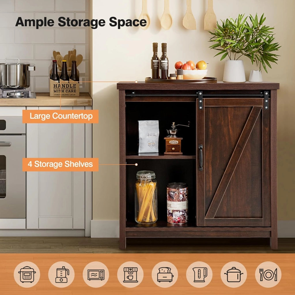 Mobile Laterale Divano con Piano Superiore Ampio e 4 Scomparti, Porta Scorrevole, 4 Piedini Antiscivolo, Credenza Elegante per Cucina, Ingresso, Camera da Letto, Marrone