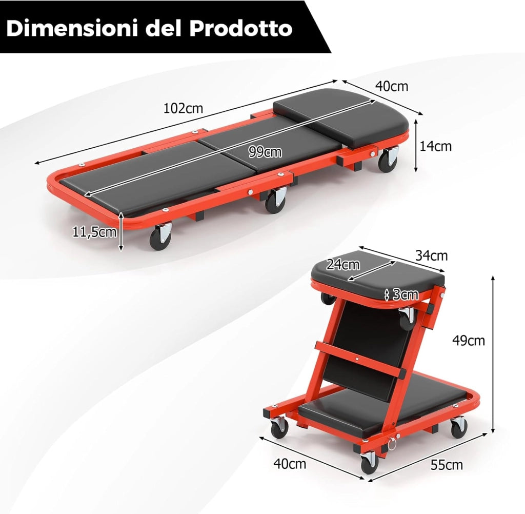 COSTWAY 2 in 1 Sgabello da Officina a Forma di Z, Carrello Meccanico sotto Auto con Sedile Imbottito e Ruote Girevoli a 360°, Portata 160 kg, per Garage e Officina (Nero)