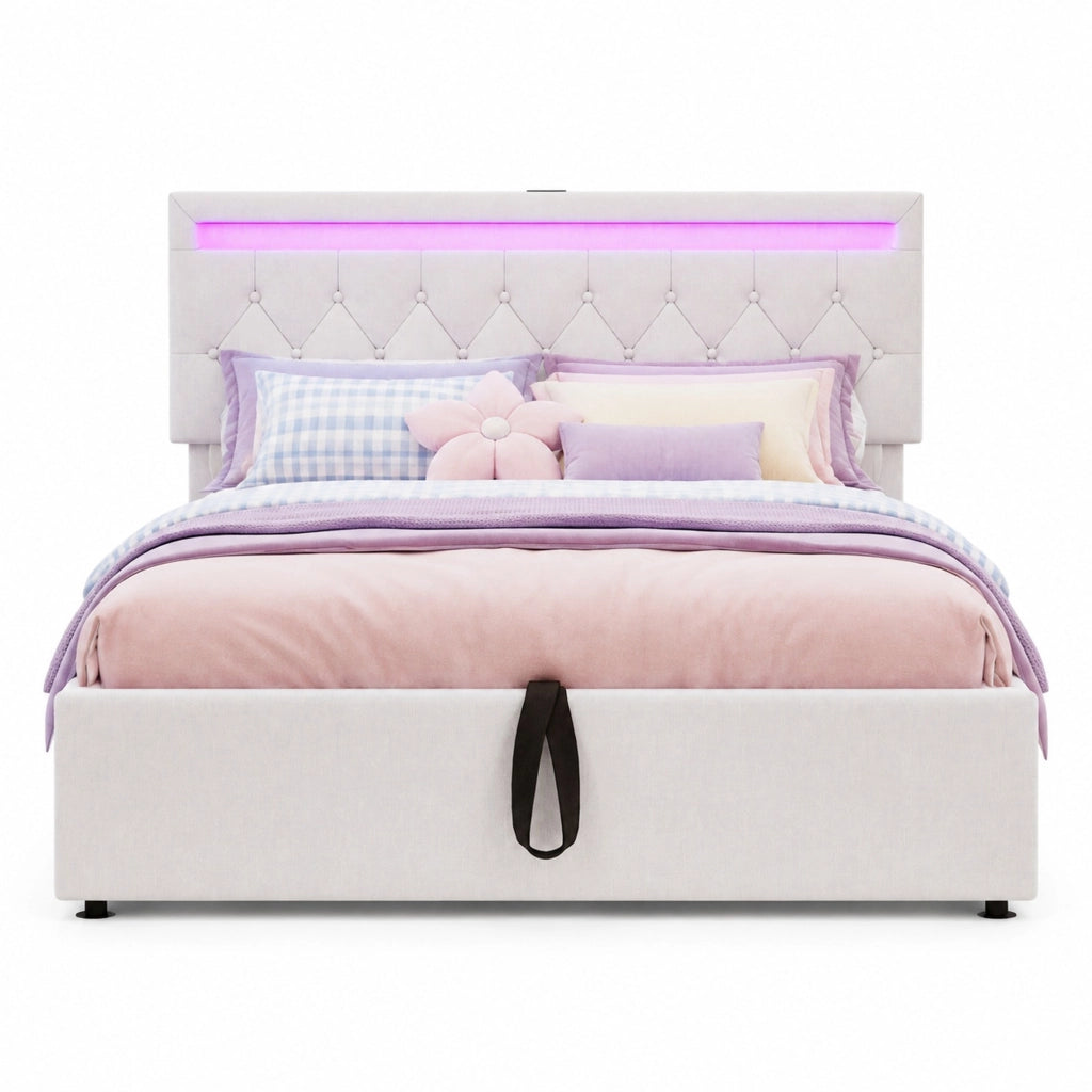 Letto matrimoniale 140x200 cm imbottito con contenitore; LED integrato; porte USB e USB-C; bianco