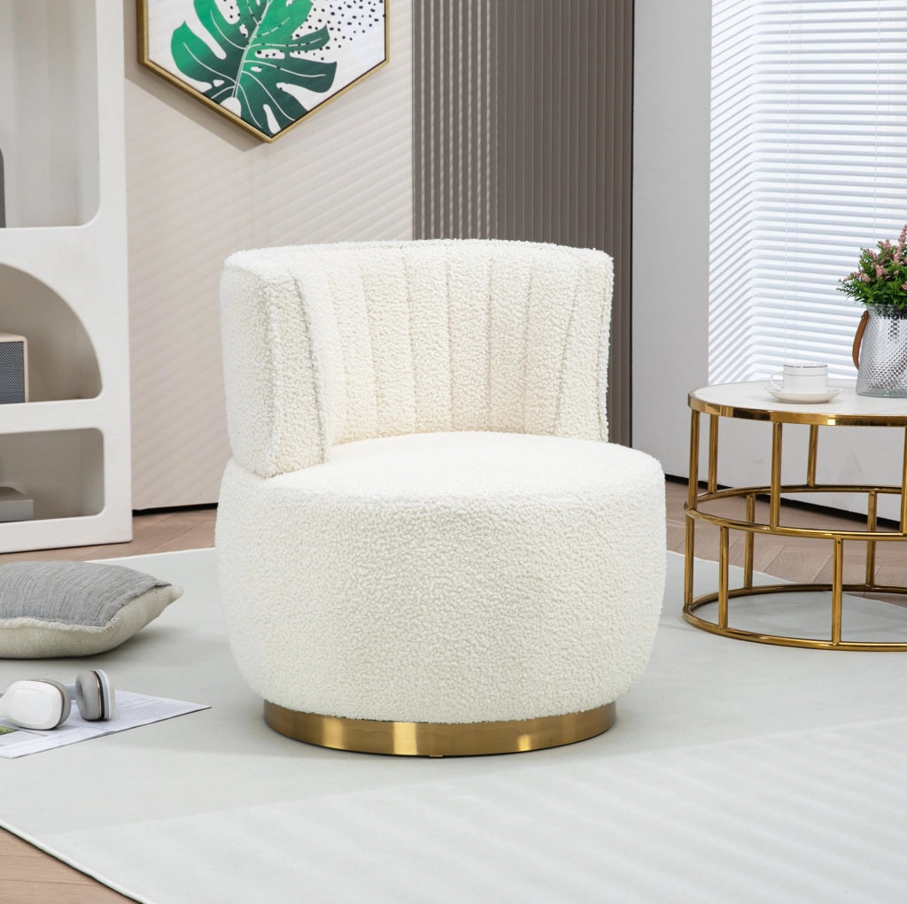 Poltrona girevole 360° in Teddy bianco; seduta imbottita; struttura in legno e metallo; 62;5x62x69;5 cm