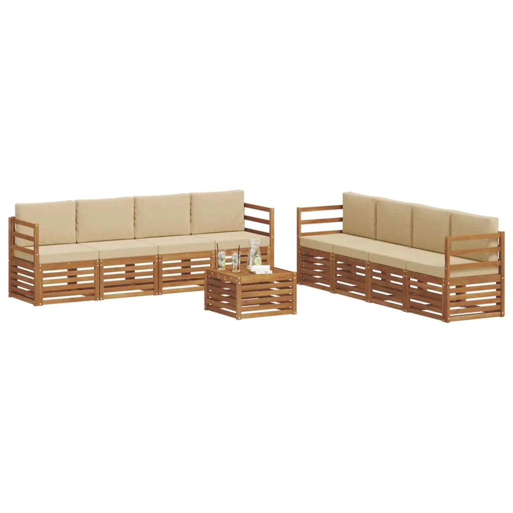 Set divani 9 pcs Naturale e Beige Legno di Acacia Massello