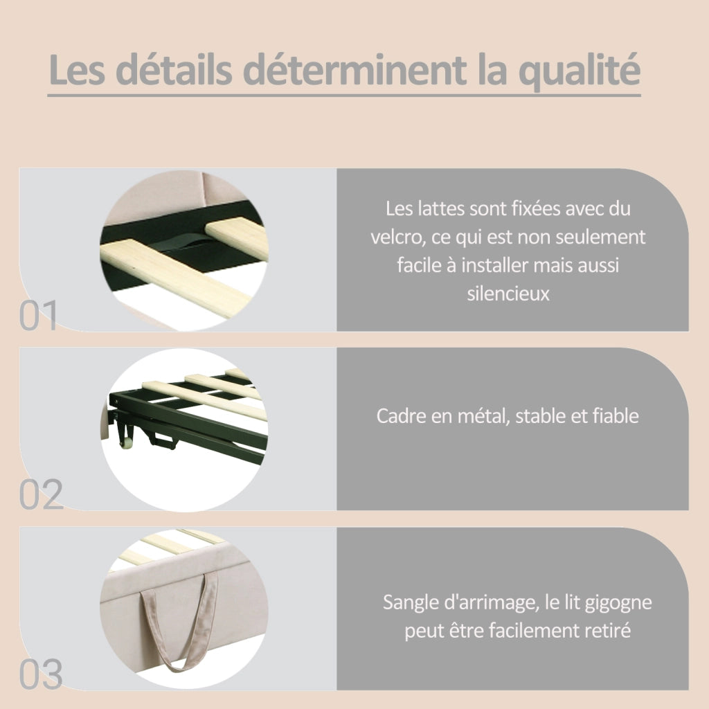 Letto estraibile 90 × 200 cm con letto supplementare, testiera e schienale imbottiti, senza materasso, beige