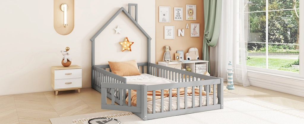 DESMIU Letto casetta letto singolo 90 × 200 cm con barriera di sicurezza e forma camino, senza materasso