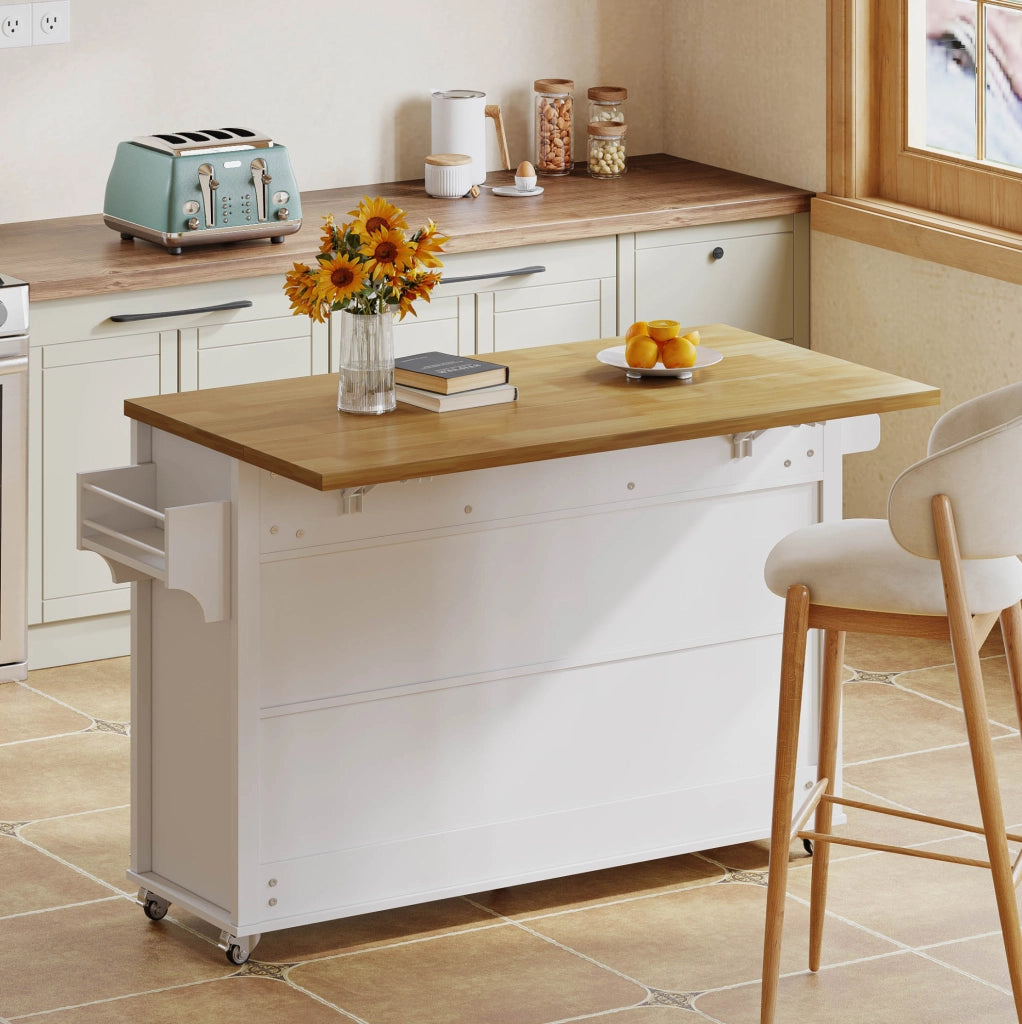 Isola da cucina mobile con piano ribaltabile, bianco e naturale