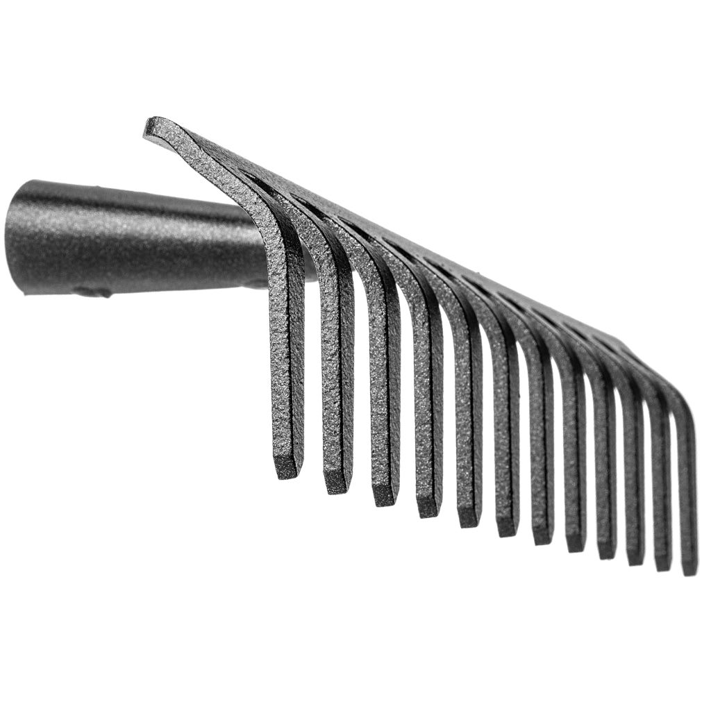 Rastrello per foglie in acciaio KADAX a 12 denti, senza manico, per terra ed erba.