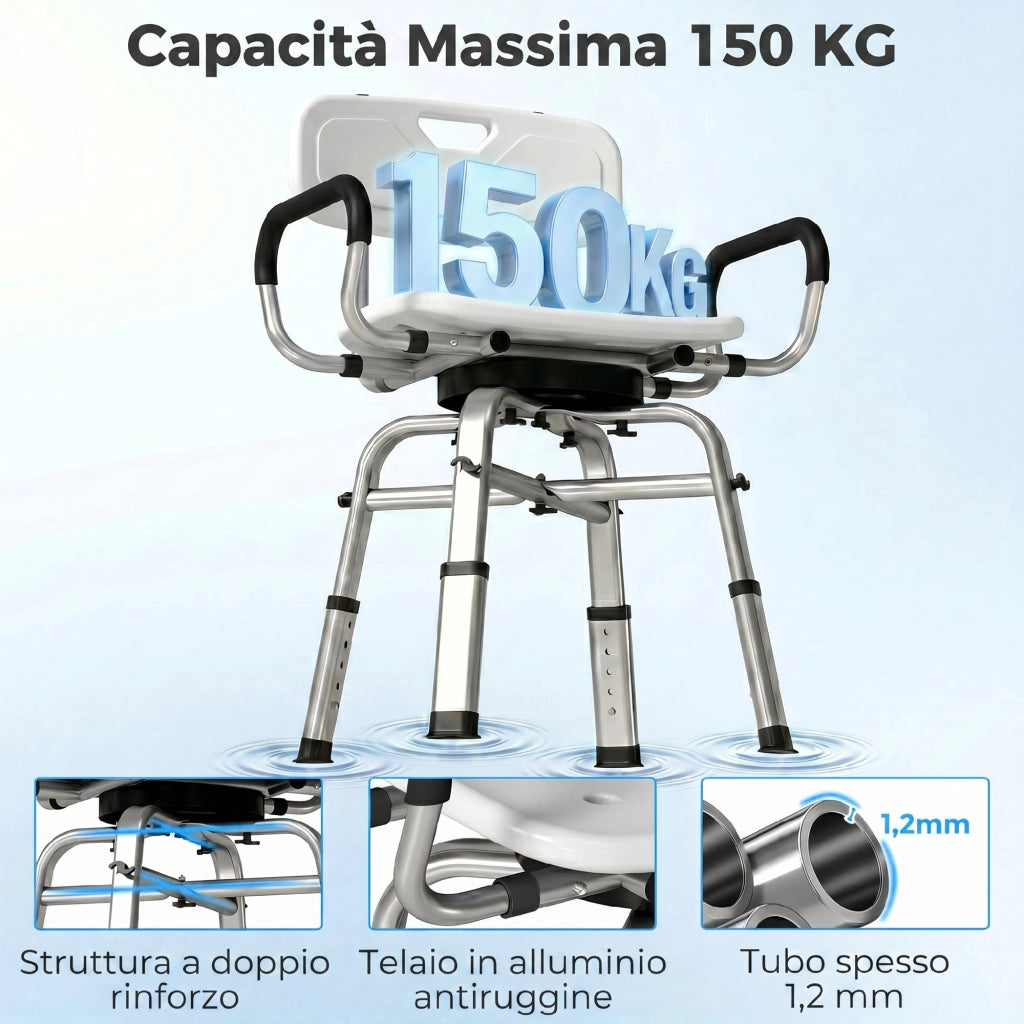 Sedia per Doccia Girevole ad Altezza Regolabile con Braccioli. Schienale. Capacit¨¤ 150 kg. Bianco