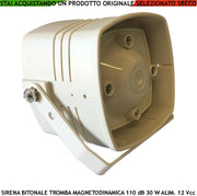 Sirena Magnetodinamica Bitonale Allarme Diffusore Acustico 110 dB Potenza 30 W Tono A/B 1500 +/- 4000 Hz Alimentazione 12 Vcc 2 Fili Polarizzati Staffa Fissaggio Assorbimento 1 A Contenitore ABS IP65